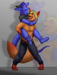  amixeduppuppy anthro canine carrying clothed clothing dragon duo fangs female horn male mammal open_mouth piggyback simple_background smile standing teeth tongue 