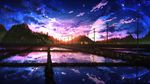  cloud dusk highres hill horizon landscape light_particles moon no_humans original outdoors perspective plant pole power_lines reflection rice_paddy ripples rural scenery sky smile_(qd4nsvik) star_(sky) starry_sky tree water 
