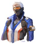  absurdres highres jacket male_focus mask overwatch ramgu scar simple_background soldier:_76_(overwatch) solo visor 