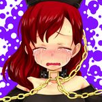  bare_shoulders black_shirt blush chain chikado closed_eyes collar collarbone commentary_request crying hecatia_lapislazuli long_hair nose_blush off-shoulder_shirt parted_lips polos_crown portrait red_hair shirt snot solo t-shirt tears touhou wavy_mouth 