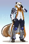  anthro armor chipmunk clothed clothing eyewear fur glasses hair hi_res kittydee looking_at_viewer male mammal melee_weapon necktie rodent simple_background solo standing sword weapon 