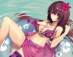  absurdres afloat bikini breasts chikkinage_nage fate/grand_order fate_(series) flower hair_flower hair_ornament hibiscus highres large_breasts long_hair looking_at_viewer purple_hair red_eyes ripples sarong scathach_(fate)_(all) scathach_(swimsuit_assassin)_(fate) solo swimsuit 