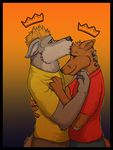  amixeduppuppy anthro canine clothed clothing crown duo kissing male male/male mammal simple_background smile standing 