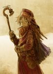  braid brown_eyes brown_hair bug dragonfly fingerless_gloves gloves headwear holding holding_staff insect long_hair looking_at_viewer looking_to_the_side matajirou_(matagiro) original outdoors scarf sepia smile solo staff standing waterskin 