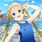  blonde_hair blue_eyes breasts chuunibyou_demo_koi_ga_shitai! cloud collarbone day dekomori_sanae long_hair looking_at_viewer one-piece_swimsuit open_mouth outdoors pool school_swimsuit small_breasts solo spiceg swimsuit twintails upper_body 