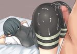  1boy 1girl artist_request ass bed bike_shorts black_hair blush breasts buttjob censored cum cum_on_lower_body hairclip kantai_collection kuroshio_(kantai_collection) panties panties_under_bike_shorts penis school_uniform short_hair skirt skirt_flip sleeping top-down_bottom-up 