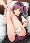  1girl ahoge barefoot black_skirt brown_eyes closed_mouth eyebrows_visible_through_hair gloves hagikaze_(kantai_collection) highres kamelie kantai_collection legs legs_up long_hair looking_at_viewer one_side_up panties pillow purple_hair purple_panties red_ribbon ribbon school_uniform short_sleeves skirt smile solo thighs underwear white_gloves white_pillow 