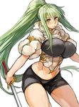  breasts green_hair holding holding_sword holding_weapon huge_breasts long_hair looking_at_viewer navel original perky_breasts ponytail sachito simple_background solo sumi-chan_(sachito) sword thick_thighs thighs weapon white_background yellow_eyes 