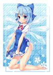  barefoot blue_bow blue_dress blue_eyes blue_hair blush bow cirno dress full_body hair_bow ice ice_wings kneeling no_panties short_hair silver15 skirt_basket snowflakes solo touhou wings 