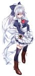  albino apron bad_anatomy bow doa_(wabisabi) dress from_above gloves highres juliet_sleeves long_sleeves maid pale_skin puffy_sleeves red_eyes short_dress simple_background solo thighhighs underbust white_background white_hair zettai_ryouiki 