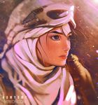  artist_name blurry blush brown_eyes brown_hair closed_mouth depth_of_field goggles goggles_on_head head_scarf lens_flare looking_afar numyumy portrait realistic rey_(star_wars) scarf serious solo star_wars star_wars:_the_force_awakens sunlight sweatdrop upper_body watermark web_address white_scarf 