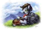 against_rock black_hair black_hooves cutie_mark equine fan_character grass green_eyes hair hat hooves looking_at_viewer mammal musical_instrument my_little_pony outside sitting smile solo tsitra360 white_hair zebra 