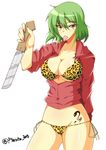  alternate_costume animal_print bra breasts center_opening cleavage collarbone commentary_request cowboy_shot fiesta_(fiesta303) green_hair groin highres hikage_(senran_kagura) holding holding_knife jacket knife large_breasts leopard_print looking_at_viewer panties print_bra print_panties red_jacket senran_kagura senran_kagura_shoujo-tachi_no_shin'ei short_hair side-tie_panties slit_pupils solo tattoo tongue tongue_out tsurime twitter_username underwear white_background yellow_eyes 
