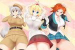  :3 adjusting_clothes animal_ears arms_up belt blonde_hair blue_eyes blush breasts cleavage commentary cosplay costume_switch crossover detached_sleeves eyebrows fey_(moe_moe_niji_taisen_ryaku) fey_(moe_moe_niji_taisen_ryaku)_(cosplay) frown gj-bu grey_hair hat highres inubashiri_momiji inubashiri_momiji_(cosplay) iron_cross kirara_bernstein kirara_bernstein_(cosplay) large_breasts military miniskirt moe_moe_niji_taisen_ryaku multiple_girls orange_eyes orange_hair pointy_hair pom_pom_(clothes) raised_eyebrow red_eyes short_hair shorts sideboob skirt smile tail thick_eyebrows thighs tiger_tail tochinoko tokin_hat touhou unbuttoned unbuttoned_shirt vest wolf_ears wolf_tail 