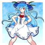  ;) adapted_costume blue_hair blush breasts commentary dress eruru_(erl) food fruit hand_on_hip hat highres hinanawi_tenshi long_hair medium_breasts one_eye_closed peach red_eyes smile solo sundress touhou very_long_hair wavy_hair 