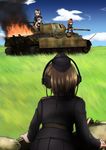  adapted_uniform arm_support blonde_hair blue_eyes blurry brown_hair cloud dated day depth_of_field field fire from_behind garrison_cap gloves grass ground_vehicle hat headset highres kneeling lifting looking_back military military_uniform military_vehicle motor_vehicle multiple_girls necktie open_mouth original pantyhose panzerkampfwagen_panther short_hair signature silver_hair skirt sky smoke soldier surprised tank tokihama_jirou twintails uniform white_legwear world_war_ii 