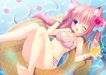  afloat anchor_symbol animal_ears bikini bracelet cat_ears commentary cup drinking_glass drinking_straw flower food fruit hair_flower hair_ornament hibiscus holding holding_cup ice ice_cube innertube jewelry long_hair mimiko_(shibainu_niki) one_eye_closed original partially_submerged purple_eyes shibainu_niki smile swimsuit tropical_drink twintails water 