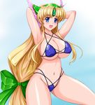  :d alternate_costume armpits arms_behind_head arms_up bikini blonde_hair blue_bikini blue_eyes blush bow breasts cleavage commentary_request cowboy_shot forehead_jewel green_bow hair_bow hair_intakes halter_top halterneck helmet highleg highleg_bikini highleg_swimsuit large_breasts long_hair looking_at_viewer low-tied_long_hair open_mouth raochuu riesz seiken_densetsu seiken_densetsu_3 sideboob smile solo swimsuit underboob very_long_hair winged_helmet 