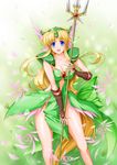  :d absurdly_long_hair blonde_hair blue_eyes blush breasts brown_gloves cleavage collarbone commentary_request dress fingerless_gloves forehead_jewel gloves green_dress hair_intakes helmet holding holding_weapon large_breasts long_hair looking_at_viewer low-tied_long_hair open_mouth pauldrons petals polearm raochuu riesz seiken_densetsu seiken_densetsu_3 smile solo spear trident very_long_hair weapon winged_helmet 