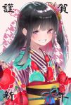  1girl 2019 :d bangs black_hair blush commentary_request eyebrows_visible_through_hair floral_print flower grin hair_flower hair_ornament hands_up highres japanese_clothes kimono long_hair long_sleeves looking_at_viewer obi open_mouth original pig pinching_sleeves pink_flower print_kimono purple_eyes purple_kimono red_flower rinku_(rin9) sash sidelocks smile solo striped tassel teeth upper_body wide_sleeves 