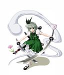  &gt;:( black_bow black_hairband black_neckwear black_ribbon bow bowtie commentary_request dual_wielding frown full_body green_skirt green_vest hair_ribbon hairband highres hitodama holding katana konpaku_youmu konpaku_youmu_(ghost) looking_at_viewer puffy_short_sleeves puffy_sleeves raochuu ribbon scabbard sheath short_hair short_sleeves silver_hair skirt skirt_set solo sword touhou unsheathed v-shaped_eyebrows vest weapon white_background 