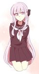  arms_behind_back braid danganronpa danganronpa_1 hair_ribbon kirigiri_kyouko long_hair purple_eyes purple_hair ribbon school_uniform serafuku solo zawameki 