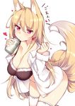  ahoge animal_ears black_bra blonde_hair blush bra breasts can cleavage fox_ears fox_tail hair_tie haruyuki_(yukichasoba) heart holding large_breasts leaning_forward long_hair no_pants open_clothes open_shirt original pout purple_eyes shirt simple_background solo tail thighhighs translated underwear white_background white_legwear 