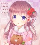  1girl 2019 animal blush brown_hair caramel_(caramelmilk) checkered checkered_background chinese_zodiac commentary_request floral_print flower fur_collar hair_bun hair_flower hair_ornament happy_new_year japanese_clothes kimono long_hair long_sleeves looking_at_viewer new_year obi one_side_up original parted_lips pig pink_kimono print_kimono purple_eyes red_flower sash side_bun sleeves_past_wrists solo year_of_the_pig 