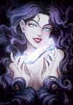  black_hair blue_eyes breasts cinderella glowing hair_censor high_heels highres holding jojo_no_kimyou_na_bouken lipstick long_hair makeup medium_breasts ponsu_(ponzuxponzu) red_lipstick signature smile solo topless upper_body wavy_hair yamagishi_yukako 