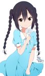  artist_name black_hair blue_dress braid brown_eyes dated dress eyebrows eyebrows_visible_through_hair flower hair_between_eyes hair_ribbon holding k-on! k-on!_movie long_hair looking_at_viewer nakano_azusa official_style ragho_no_erika ribbon signature simple_background singing! smile solo twin_braids twintails white_background 