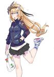  7-eleven bad_id bad_pixiv_id bag blonde_hair blue_eyes flower granblue_fantasy hair_flower hair_ornament hand_in_pocket jacket jeanne_d'arc_(granblue_fantasy) long_hair low-tied_long_hair plastic_bag shoes skirt sneakers solo tajima_ryuushi track_jacket watch wristwatch 