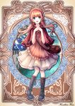  artist_name bag blue_eyes boots braid capelet dress fantasy frilled_dress frills hair_ornament hair_tubes hands_clasped highres house interlocked_fingers jewelry kazuharu_kina knee_boots light_brown_hair long_hair original own_hands_together pendant satchel smile solo twintails 