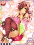  blush brown_hair cherry_blossoms dark_skin green_eyes hair_ornament koihime_musou long_hair long_sleeves looking_at_viewer lying shorts simple_background smile solo taishiji thighhighs 