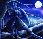  anthro barefoot big_breasts blue_fur blue_hair breasts canine chibity clothed clothing cool_colors detailed_background dragon dress female fluffy fluffy_tail fur hair mammal moon night pendant raya_the_wolfdragon sky snow solo tree wings wolf wolf_dragon 