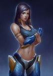  armor armored_boots bangs bare_shoulders black_hair boots braid breasts cleavage closed_mouth collarbone crop_top dark_skin egyptian eye_of_horus eyeliner facial_mark facial_tattoo gauntlets hair_tubes highres large_breasts lips looking_at_viewer makeup midriff navel overwatch pharah_(overwatch) shengxie side_braid sidelocks sleeveless solo sports_bra stomach swept_bangs tattoo 