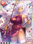  arrow bare_shoulders bow_(weapon) breasts cleavage cleavage_cutout dark_skin detached_sleeves dress garter_belt gloves koihime_musou kougai large_breasts lavender_hair long_hair looking_at_viewer mole mole_under_mouth pelvic_curtain petals ponytail sidelocks single_glove sleeveless smile solo thighhighs very_long_hair weapon 