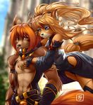  black_nose blonde_hair blue_eyes canine chest_tuft clothed clothing day dragonfu duo female fox hair male mammal navel orange_eyes orange_hair outside tuft 
