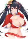  1girl azur_lane bangs black_hair bottomless breasts capelet christmas cleavage convenient_censoring covered_nipples eyebrows_visible_through_hair fur-trimmed_bikini fur-trimmed_capelet fur-trimmed_gloves fur_trim gloves hair_between_eyes hair_ornament hair_ribbon heart heart-shaped_pupils highres kuavera large_breasts long_hair looking_at_viewer mask mask_on_head merry_christmas navel parted_lips red_bikini_top red_capelet red_eyes red_gloves red_ribbon ribbon signature simple_background solo symbol-shaped_pupils taihou_(azur_lane) twintails very_long_hair white_background 