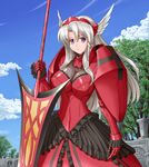  armor armored_dress braid breasts cleavage cloud commentary_request cowboy_shot day gauntlets headgear helmet huge_weapon large_breasts long_hair looking_at_viewer outdoors pauldrons purple_eyes raochuu red_armor roselinde_(shining_blade) shining_(series) shining_blade side_braid silver_hair smile solo tree undershirt weapon winged_helmet 