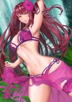  arm_behind_head armpits bad_id bad_pixiv_id bikini breasts covered_nipples dutch_angle fate/grand_order fate_(series) flower hair_flower hair_ornament hibiscus highres huge_breasts leg_garter long_hair looking_at_viewer navel purple_eyes purple_hair purple_sarong sarong scathach_(fate)_(all) scathach_(swimsuit_assassin)_(fate) shei99 smile solo swimsuit very_long_hair water waterfall wet 