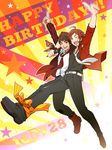  2boys ;) ahoge arm_up belt brown_hair dated facial_hair goatee happy_birthday idolmaster idolmaster_side-m l_(matador) male_focus microphone multiple_boys nakamura_shuugou necktie one_eye_closed pointing pointing_up red_eyes red_hair red_neckwear seiyuu smile tendou_teru 