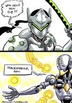  2koma comic cyborg english gameplay_mechanics genji_(overwatch) humanoid_robot katana markraas meme metal_gear_(series) metal_gear_rising:_revengeance multiple_boys nanomachines ninja omnic overwatch parody steven_armstrong sword weapon zenyatta_(overwatch) 