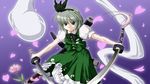  &gt;:( black_bow black_hairband black_neckwear black_ribbon bow bowtie commentary_request dual_wielding flower frown green_skirt green_vest hair_ribbon hairband highres hitodama holding katana konpaku_youmu konpaku_youmu_(ghost) looking_at_viewer petals puffy_short_sleeves puffy_sleeves raochuu ribbon scabbard sheath short_hair short_sleeves silver_hair skirt skirt_set solo sword touhou unsheathed v-shaped_eyebrows vest weapon 