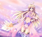  ahoge althea bare_shoulders blonde_hair blue_eyes breasts commentary_request feather_trim feathers fire hair_ornament holding holding_staff large_breasts long_hair looking_at_viewer luminous_arc luminous_arc_2 multicolored_hair navel raochuu revealing_clothes sarong sidelocks smile solo staff streaked_hair thighhighs very_long_hair white_hair white_legwear 