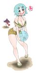  ball bare_shoulders beachball bikini bikini_top blue_hair blush breasts cleavage cropped_jacket eyebrows heart heterochromia highres karakasa_obake large_breasts off_shoulder sandals short_hair short_shorts shorts smile solo spoken_heart swimsuit takeu tatara_kogasa thick_eyebrows tongue touhou umbrella 