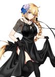  1girl bangs bare_arms black_choker black_dress black_gloves black_legwear blonde_hair blue_eyes blue_flower blush braid breasts choker closed_mouth dress enchuu eyebrows_visible_through_hair fate/grand_order fate_(series) floating_hair flower gloves hair_between_eyes hair_flower hair_ornament head_tilt jeanne_d&#039;arc_(fate) jeanne_d&#039;arc_(fate)_(all) jewelry leg_up long_hair looking_at_viewer medium_breasts necklace see-through simple_background single_braid skirt_hold sleeveless sleeveless_dress smile solo spaghetti_strap standing standing_on_one_leg thighhighs thighs very_long_hair white_background white_flower 