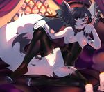  2016 anthro black_hair breasts brown_eyes candle canine cigarette cigarette_holder clothing cloud collar corset curtains detailed_background dragroon female fire fur hair hi_res inside legwear lingerie long_ears looking_at_viewer mammal nipples pussy short_hair sky smoke smoking solo spread_legs spreading sunlight thigh_highs white_fur window wolf 