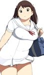  accio bag breasts brown_hair cowboy_shot dress duffel_bag fat_folds grey_eyes highres long_hair looking_at_viewer medium_breasts original plump school_bag school_uniform serafuku short_dress solo tanuma_miyuki thighs two_side_up white_dress 