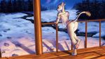  2016 anthro aurora_borealis butt clothing dress feline female hi_res leonoy light lion mammal night smile snow solo tree winter 