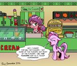  2016 cutie_mark dessert detailed_background duo english_text equine eyelashes eyes_closed feral food green_eyes hair hooves horn ice_cream inside mammal my_little_pony open_mouth pink_hair pony-berserker purple_hair text tongue unicorn young 